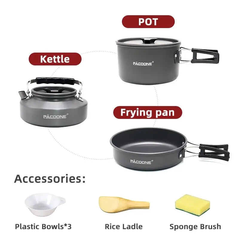 PACOONE – ensemble d'ustensiles de cuisine de Camping, Kit d'ustensiles de cuisine portables, Pot d'extérieur, bouilloire à eau, ensemble de casseroles, vaisselle, équipement de pique-nique de randonnée