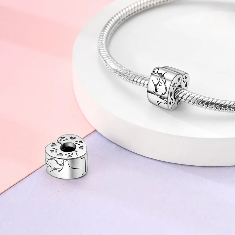 Abalorios de plata de ley 925 con huellas de perro, gato, corazón, animales, abalorios que se ajustan a pulseras, collares, colgantes, joyas para mujer, para hacer tú mismo