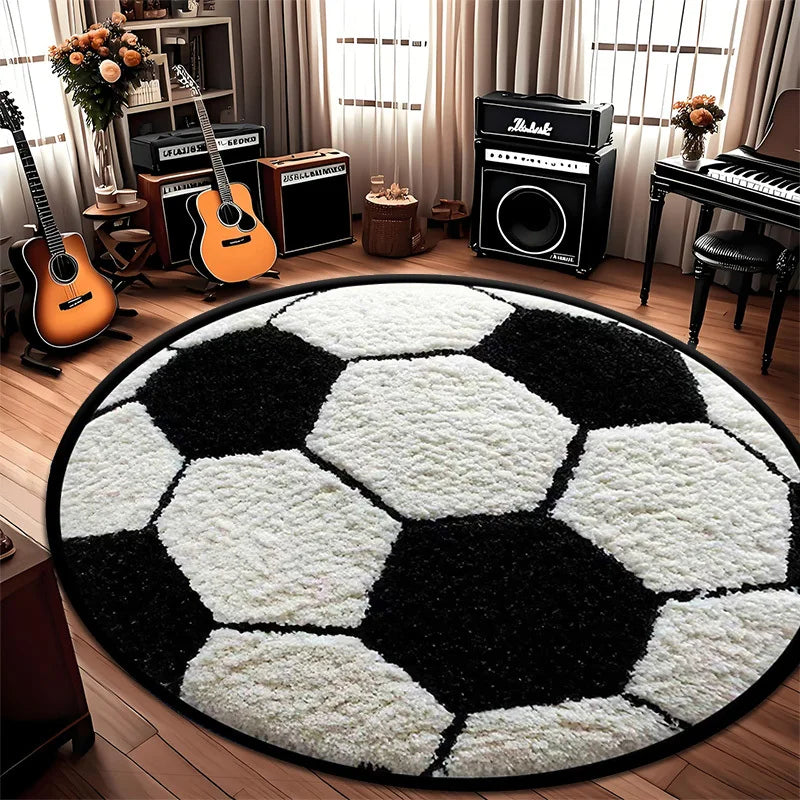 Tapis Rond Motif Ballon de Football Noir & Blanc — Polyester Antidérapant, Décoration Intérieure 40–150 cm