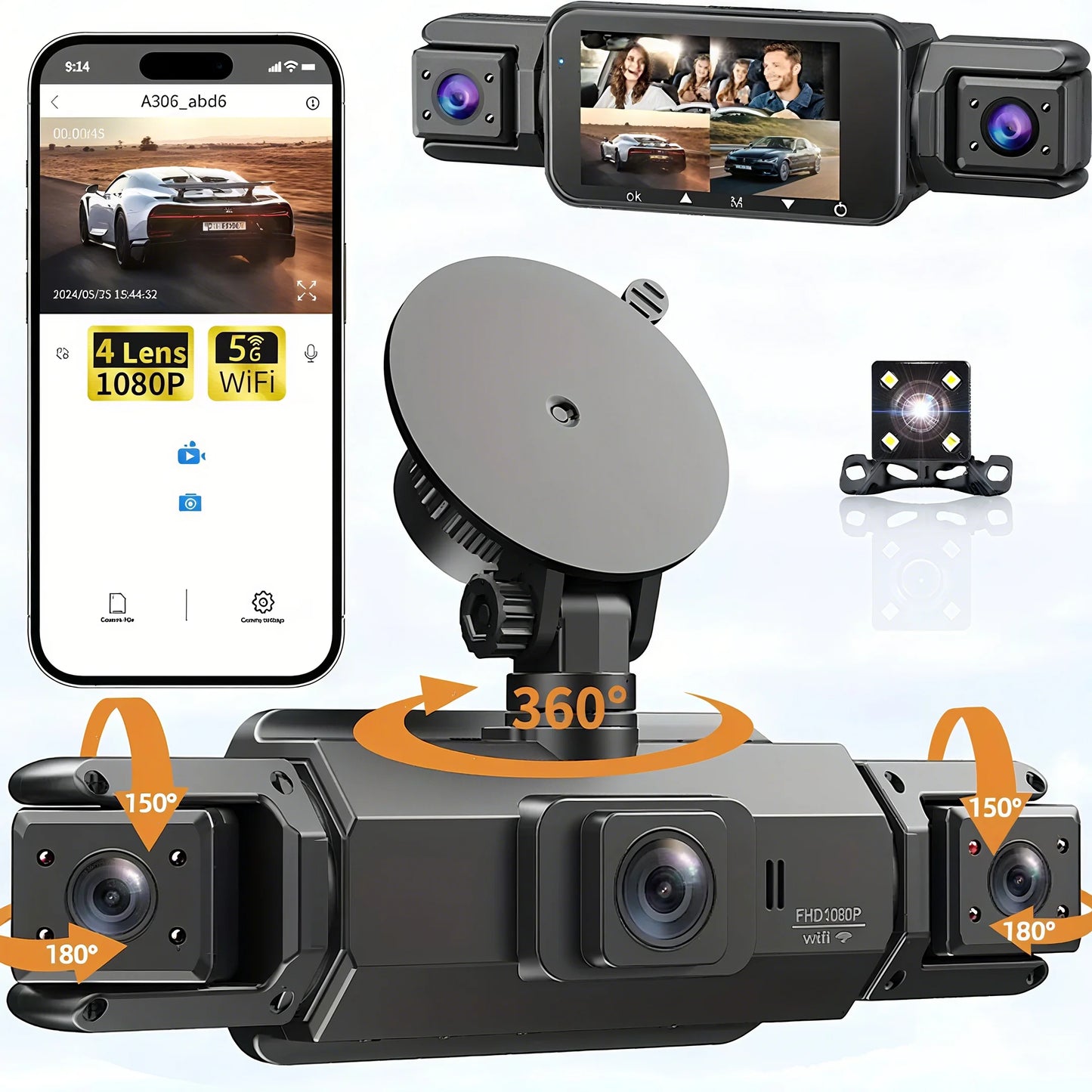 Dashcam 4 Canaux WiFi 360° — Stationnement 24H Intérieur Avant Arrière