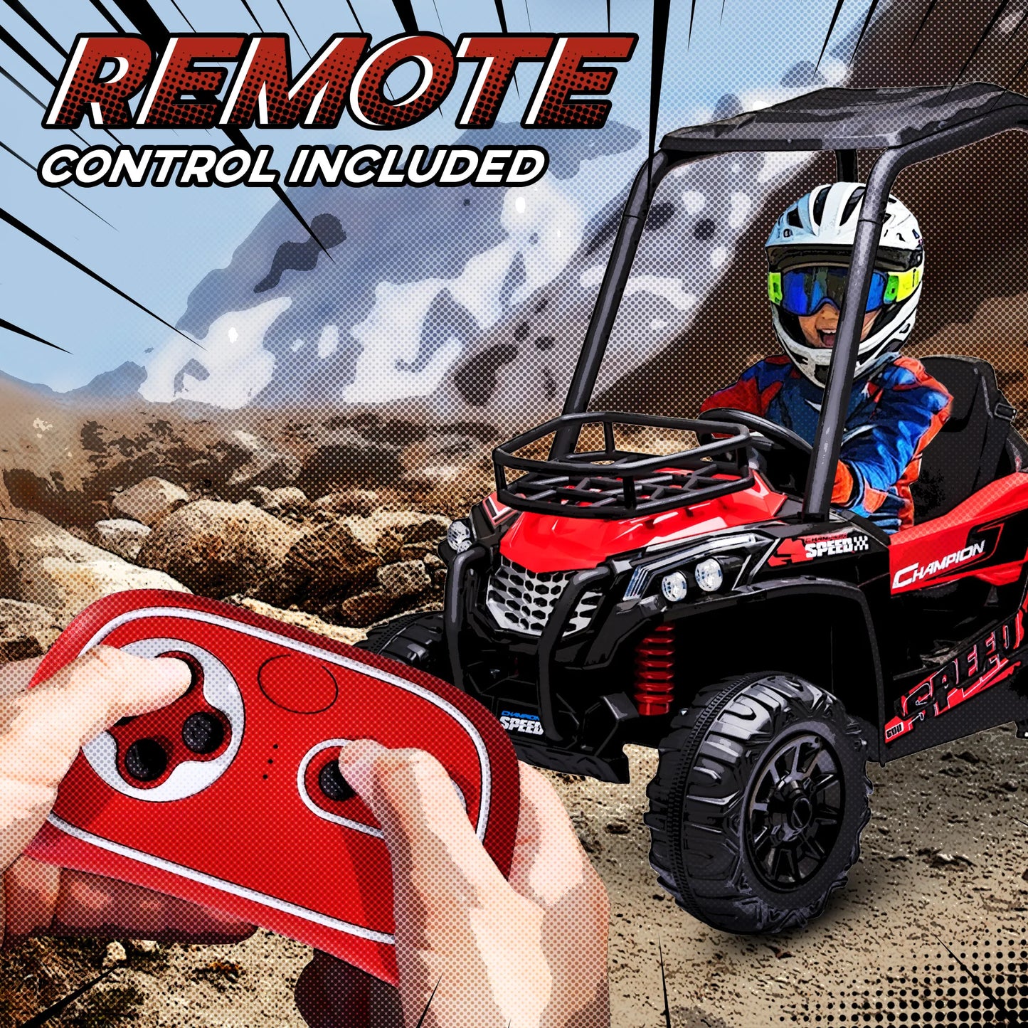 Coche eléctrico ATV para niños con suspensión real y mando a distancia, rojo