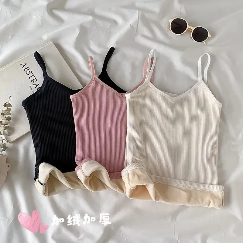 Women's Sleeveless T-shirt, Warm Winter Underwear, Solid Color, Thermal, Casual, Sleepwear, Sexy, Elasticity, Thin Velvet for Women