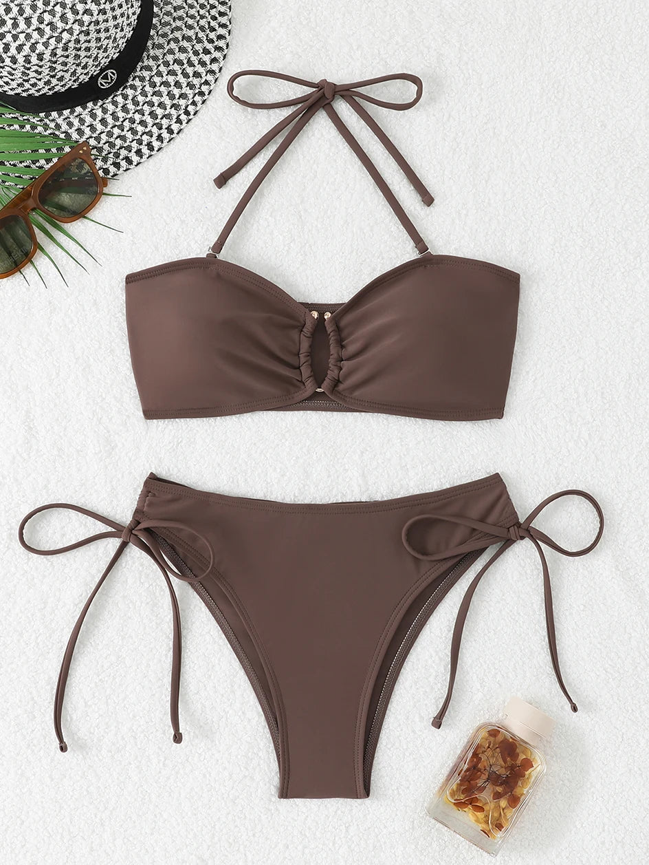 Maillot de bain bikini taille haute pour femme 2026, maillots de bain noués, maillots de bain femme, bandeau push-up, ensembles de bikinis, vêtements de plage brésiliens