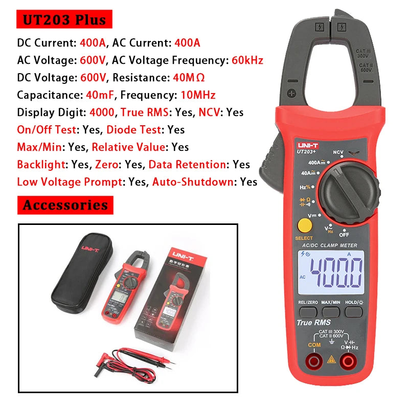 Pince multimètre AC/DC numérique — voltmètre, ampèremètre, multitesteur électrique professionnel