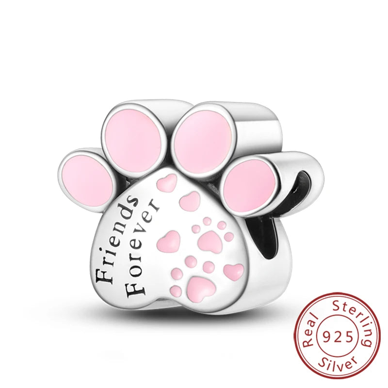 Abalorios de plata de ley 925 con huellas de perro, gato, corazón, animales, abalorios que se ajustan a pulseras, collares, colgantes, joyas para mujer, para hacer tú mismo