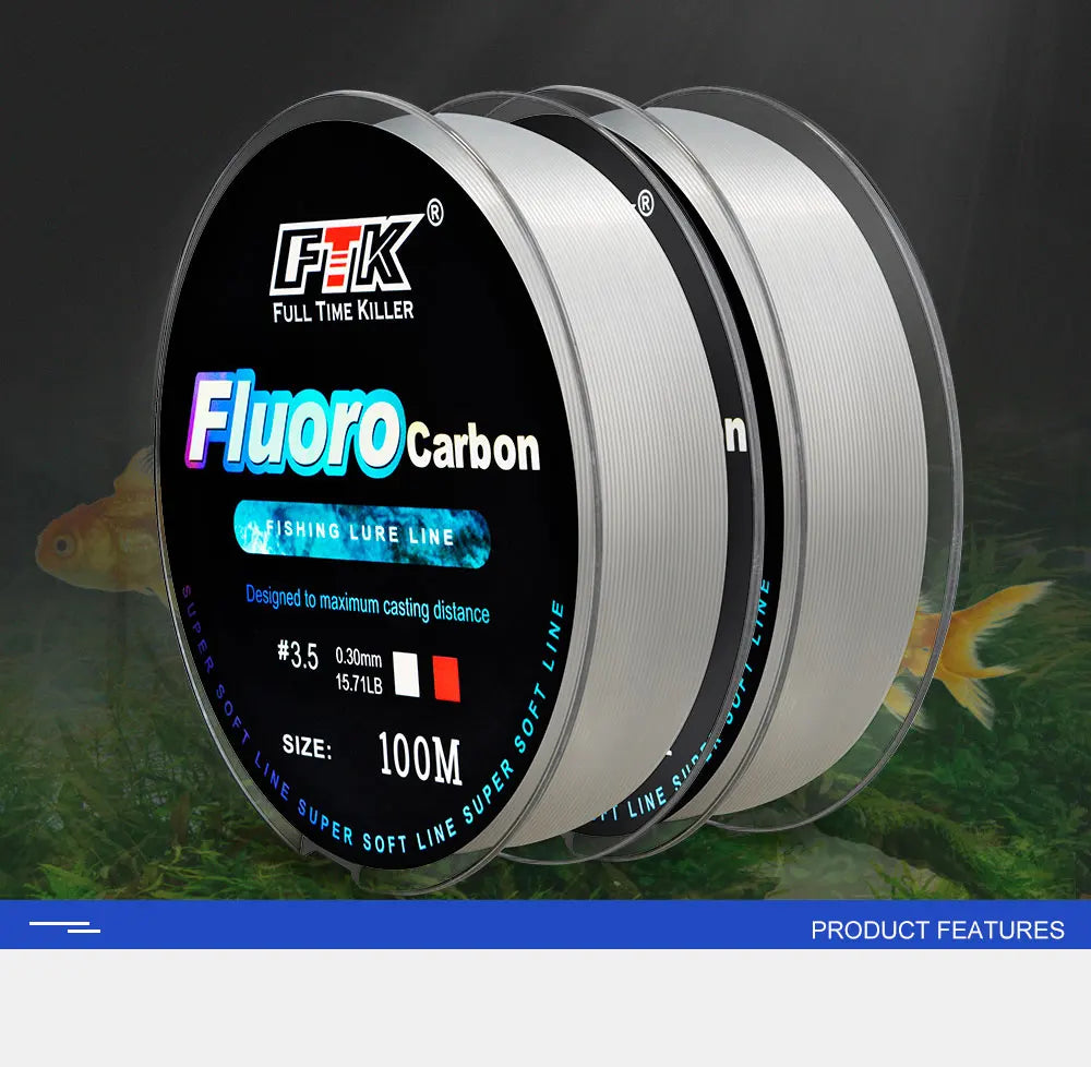 FTK 100M ligne de pêche à revêtement fluorocarbone 0.14mm-0.5mm 4.13LB-34.32LB ligne Monofilament en Fiber de carbone ligne de pêche à la carpe ligne coulante