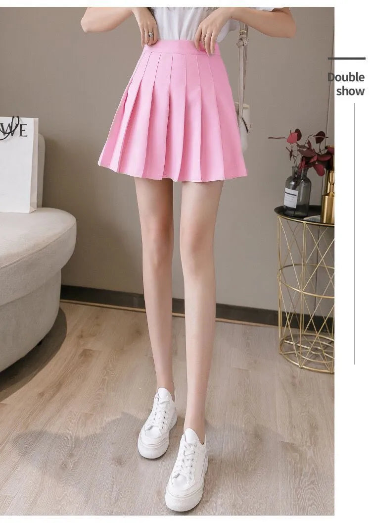 Mini jupe plissée avec short pour femmes, taille haute, ligne a, jupe patineuse, blanc, noir, rose, uniforme scolaire sportif, nouvelle mode, offre spéciale