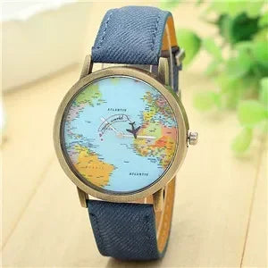 2022 moda mundial mapa del mundo avión mezclilla tela banda casual hombres mujeres relojes de cuarzo reloj regalo Horloges Relógio