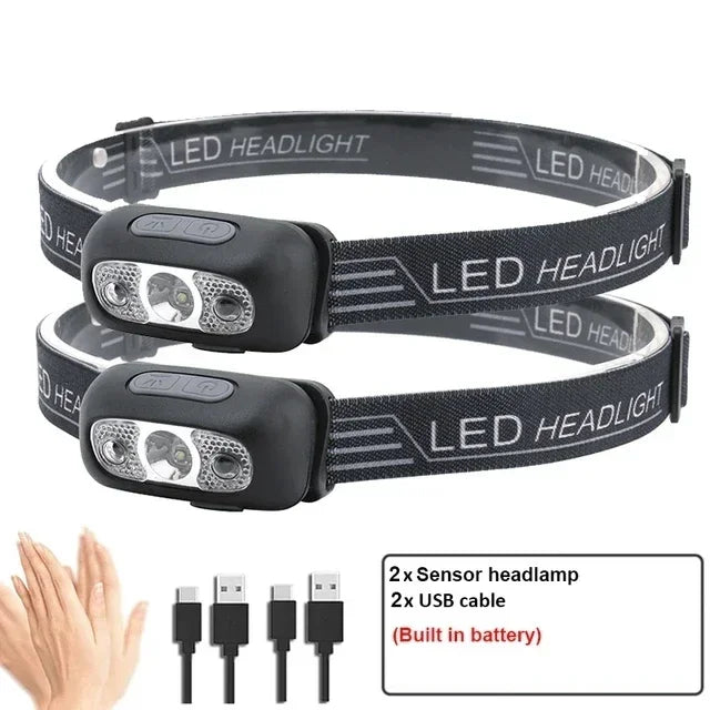 Lampe frontale puissante à LED portable avec capteur, rechargeable par USB, lampe torche frontale pour camping, pêche, lanterne d'urgence