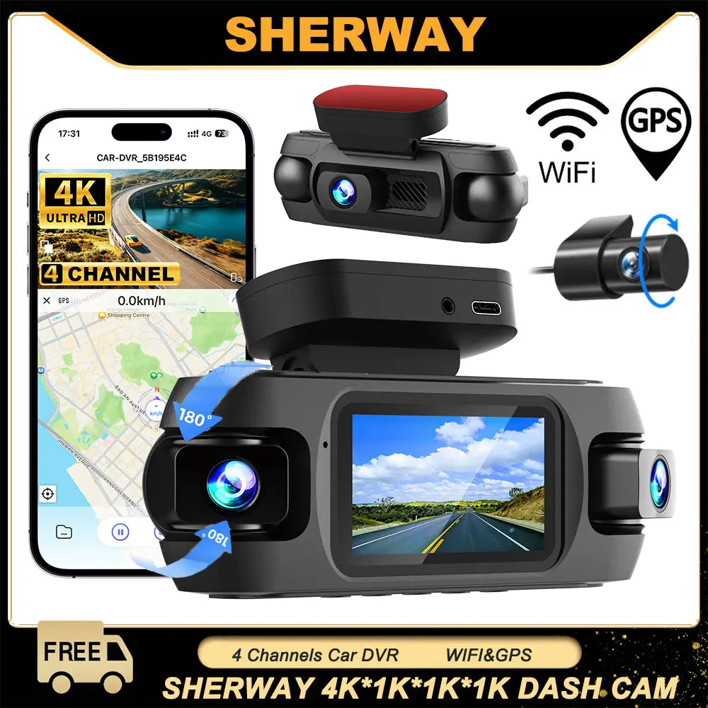 Dashcam 4K 4 Canaux 360° — WiFi GPS Vision Nocturne Avant Arrière Gauche Droite