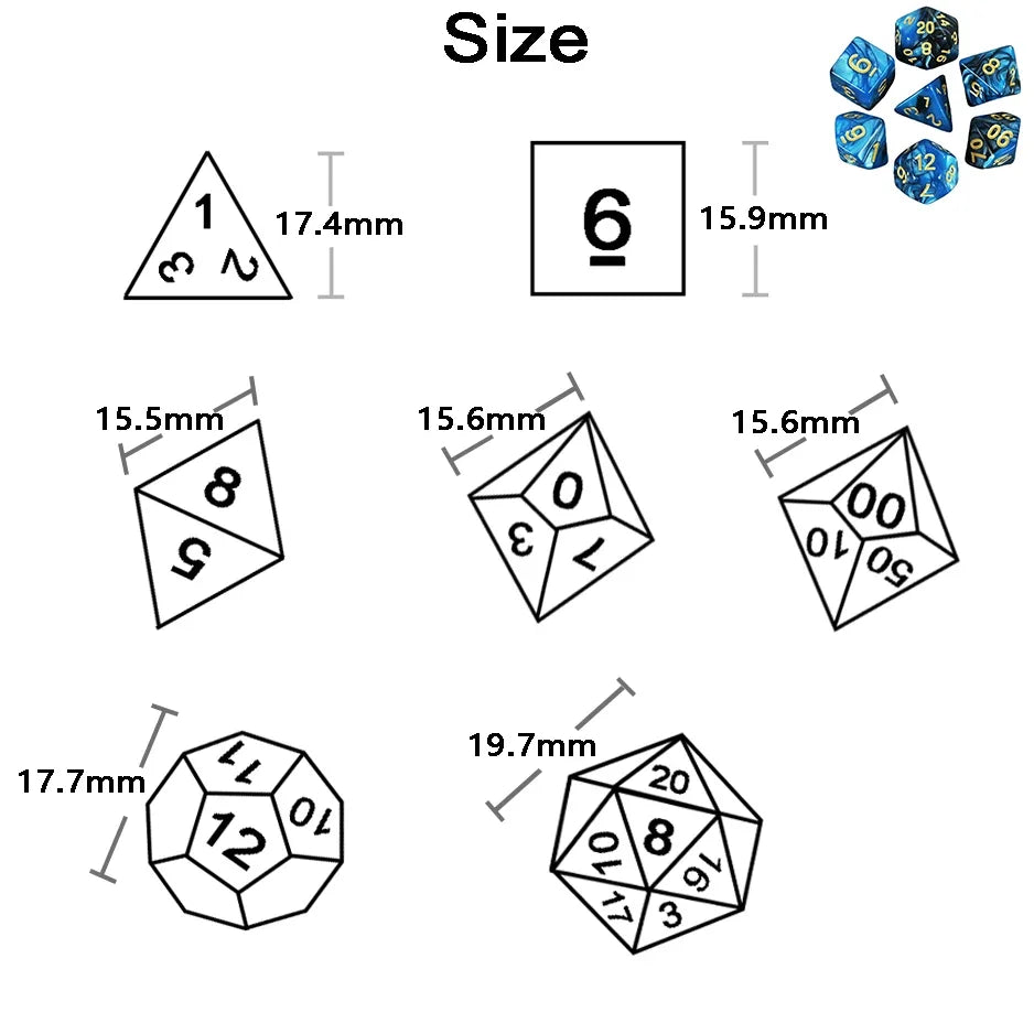 Dés polyédriques avec sac — jeu de société, jeu de rôle, d4, d6, d8, d10, d12, d20, 7 pièces