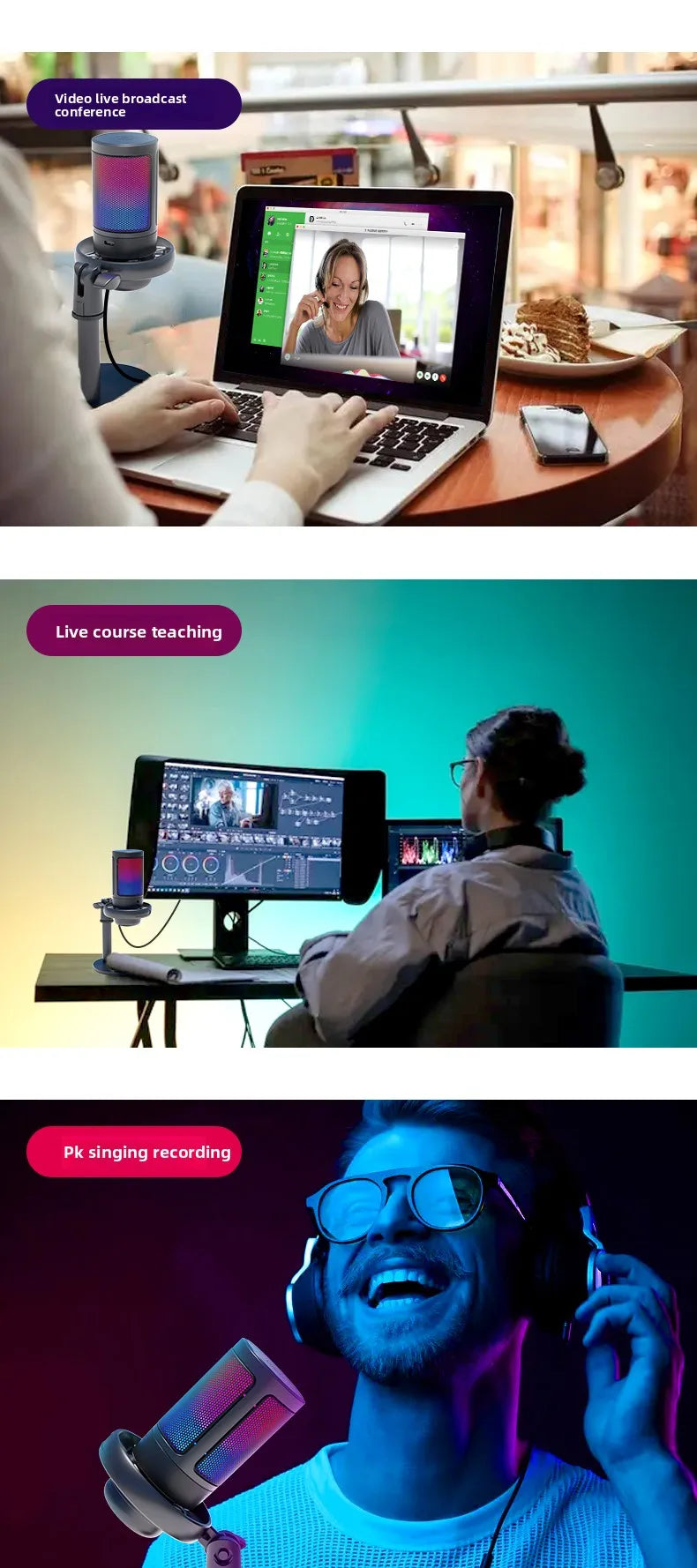 Microphone USB Professionnel à Condensateur RGB — Enregistrement, Gaming, Streaming Direct