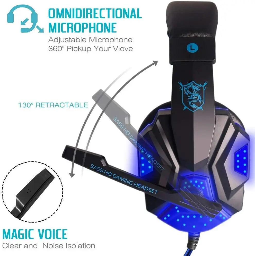 Casque de jeu avec micro et lumière LED — PC, portable, téléphone, filaire, stéréo, 3.5mm, cadeaux