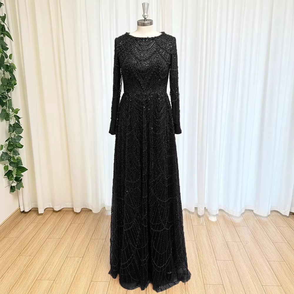 Mina Custom Beads Robes de soirée luxueuses pour femmes pour occasions formelles Paillettes. Robe de soirée de luxe à manches longues et col rond