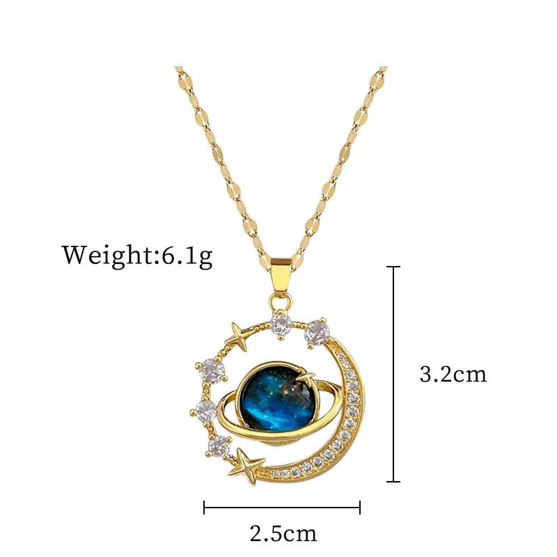 Collier pendentif astronome planète lune pour femme — acier au titane, document en or, bijoux cadeau