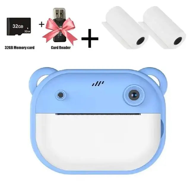 Instant camera for children, mini digital video camera for children, 1080P screen, thermal paper printing + 32G memory card