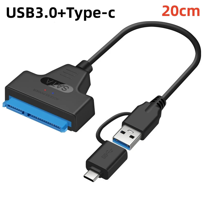 Adaptateur SATA vers USB 3.0/2.0/type-c, câble Sata jusqu'à 6 Gbps, prise en charge du disque dur externe SSD de 2.5 pouces, câble Sata III à 22 broches