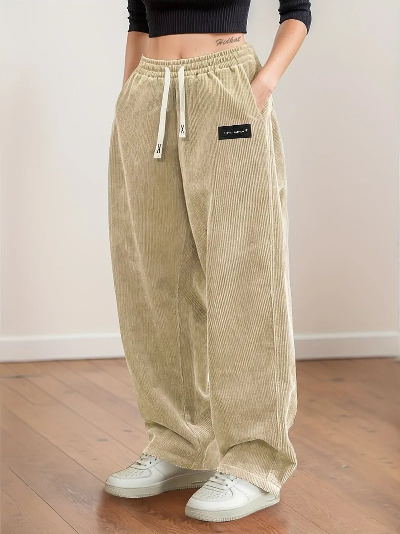 Women's Corduroy Pants, Straight Leg Drawstring Waist Trousers with White Piping, Casual All Seasons to Semi-Formal