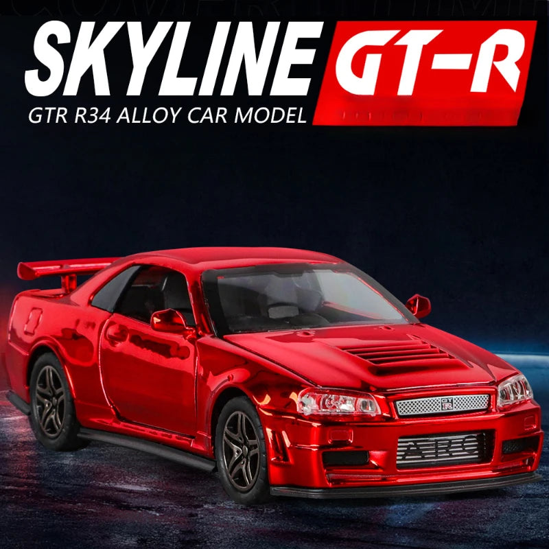 Nissan Skyline GTR-R34 - 1:32 Diecast Galvanized Sport Car Model with Sound and Light, Toy Vehicle Gift for Boys, Miniature Car