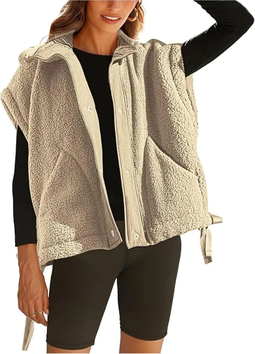 Gilet polaire pelucheux pour femme, surdimensionné, sans manches, Sherpa, chaud, boutonné, vêtements d'extérieur avec poches