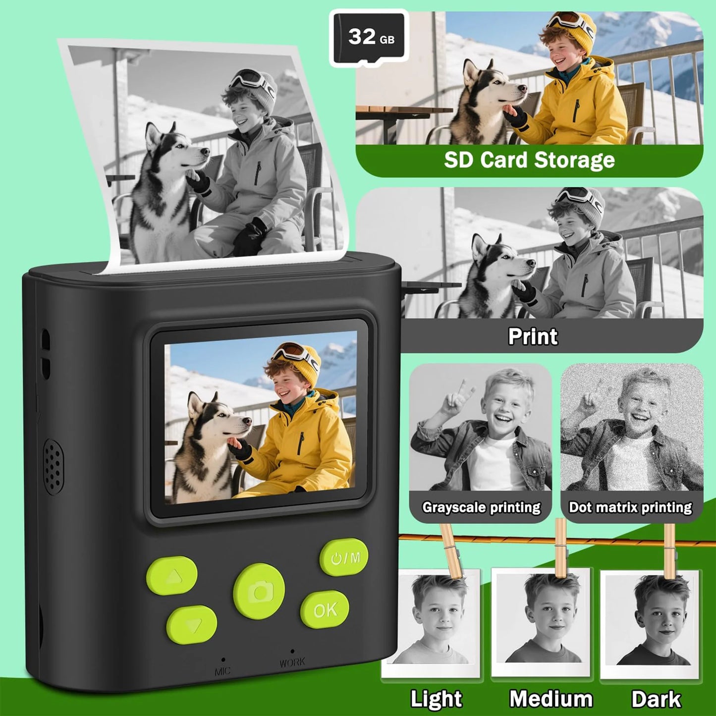Appareil photo numérique avec impression pour enfants — 3 papiers d'impression, carte 32G, cadeau filles et garçons