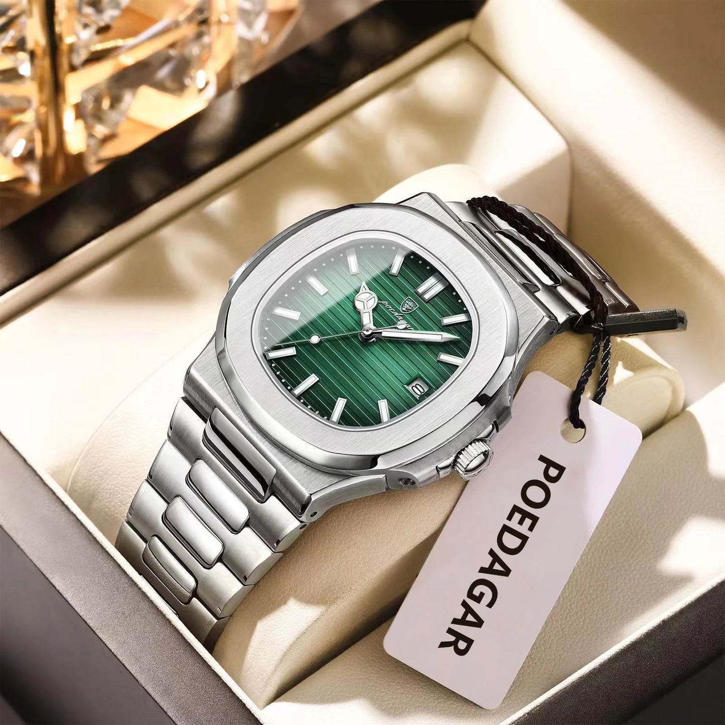 POEDAGAR Fashion Square Men's Luminous Waterproof Stainless Steel Wristwatch Men's Watch Date Quartz Business Men's Watches Reloj