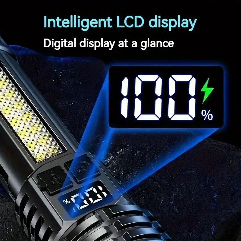 Lampe de poche LED haute puissance, torche étanche rechargeable de Type C avec lumière latérale COB, lampe d'extérieur Portable avec Zoom pour Camping et randonnée