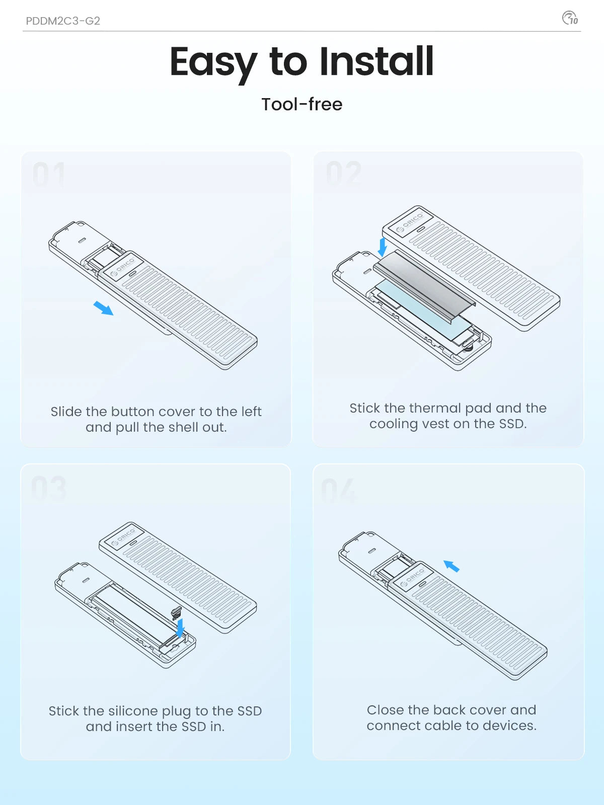ORICO M.2 NVMe SSD boîtier 10Gbps USB 3.2 Gen2 boîtier conception Simple sans outil prise en charge UASP pour les joueurs NVMe SATA SSD