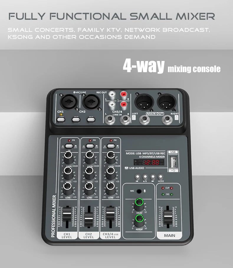 Mélangeur Audio DJ 4 Canaux USB Bluetooth — Console Mixage 48V Karaoké & Studio