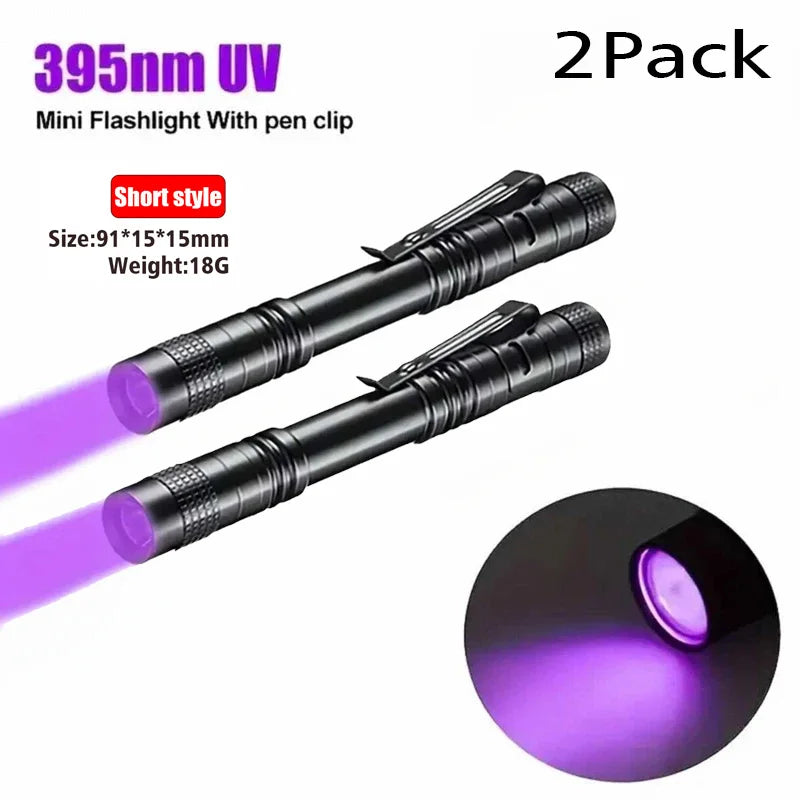 Linterna UV 395nm, antorcha ultravioleta con clip para bolígrafo, pilas AAA portátiles usadas, luz morada, detector de orina de mascotas y escorpiones, lámpara UV