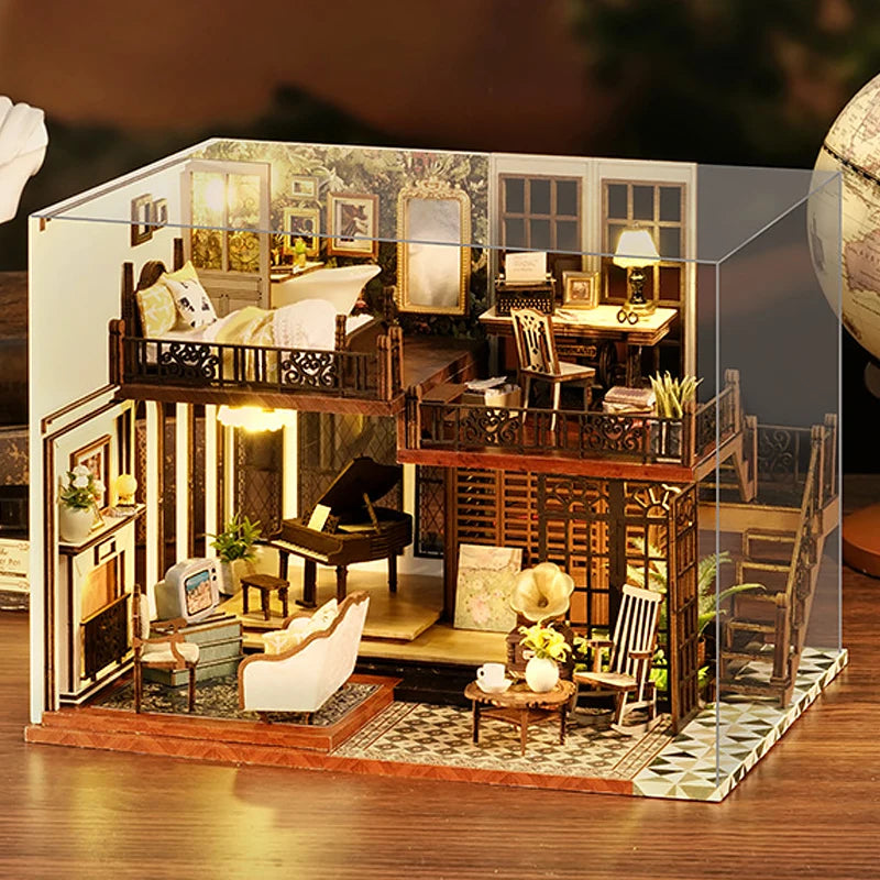Wooden Dollhouse, Garden Model, 3D Puzzle, Assemble Building Kits, Toys, Bedroom Decor with LED Lights, Dollhouse Gift, DIY