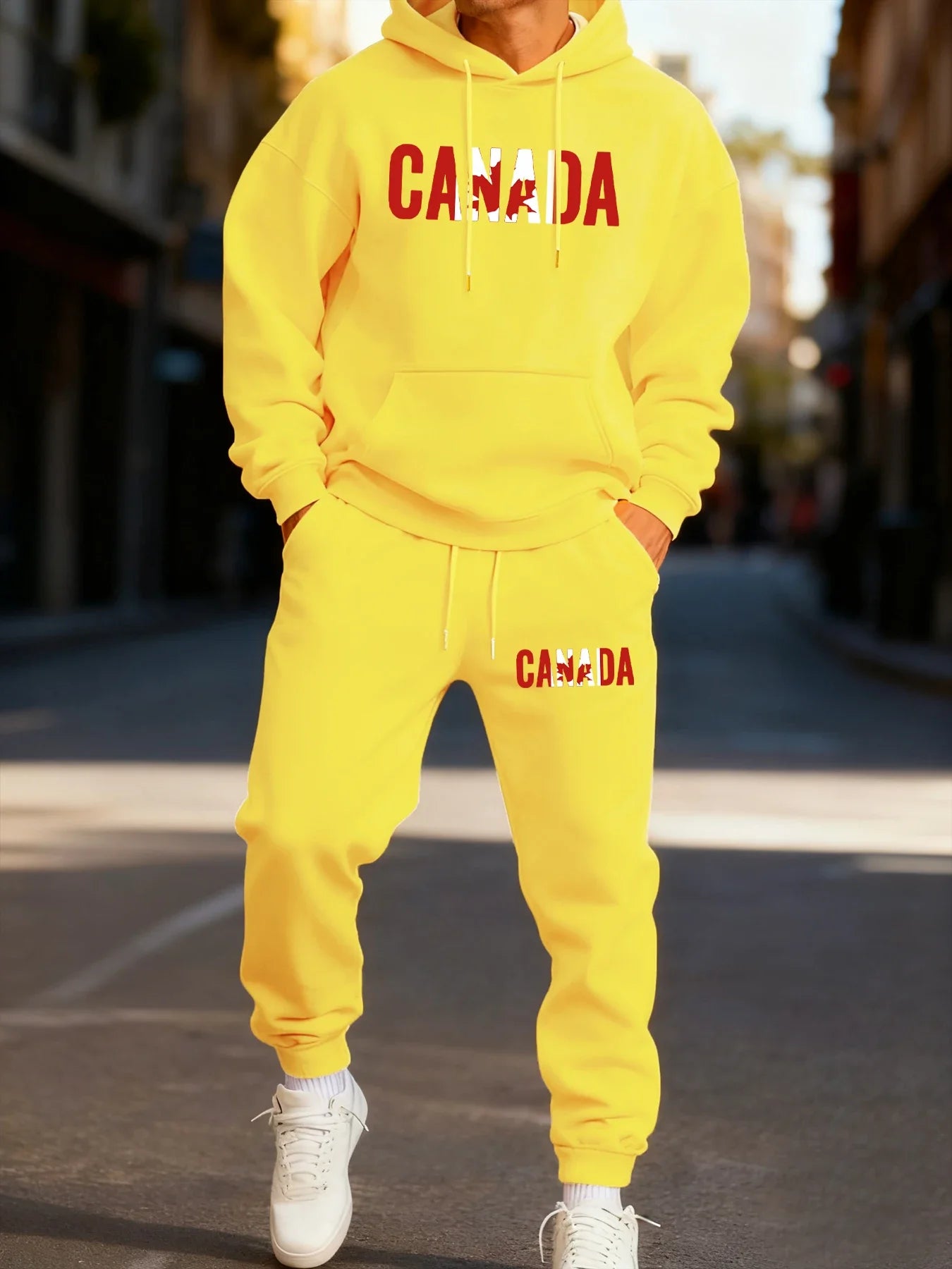 Canada Maple Leaf Print Men's Hoodie Fleece Autumn Two-Piece Sets Casual Winter Pants