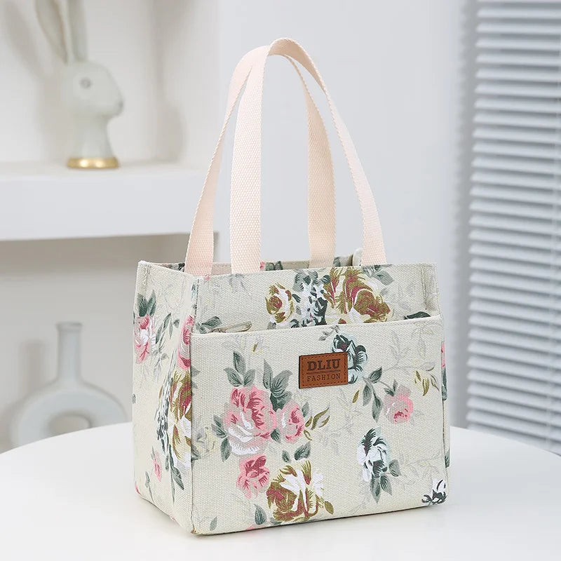 Sac à déjeuner esthétique imprimé Floral, sac à Bento isolé de grande capacité, sac à main isotherme pour l'école, le travail, les voyages et le pique-nique