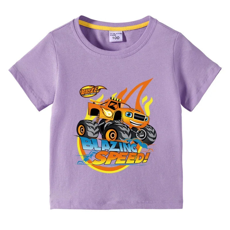 T-shirt à manches courtes en coton pour enfants — impression dessin animé camion monstre