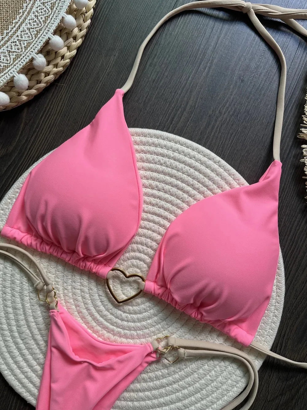 Ensemble bikini sexy dos nu couleur unie taille basse pour femme, maillot de bain deux pièces triangle string brésilien