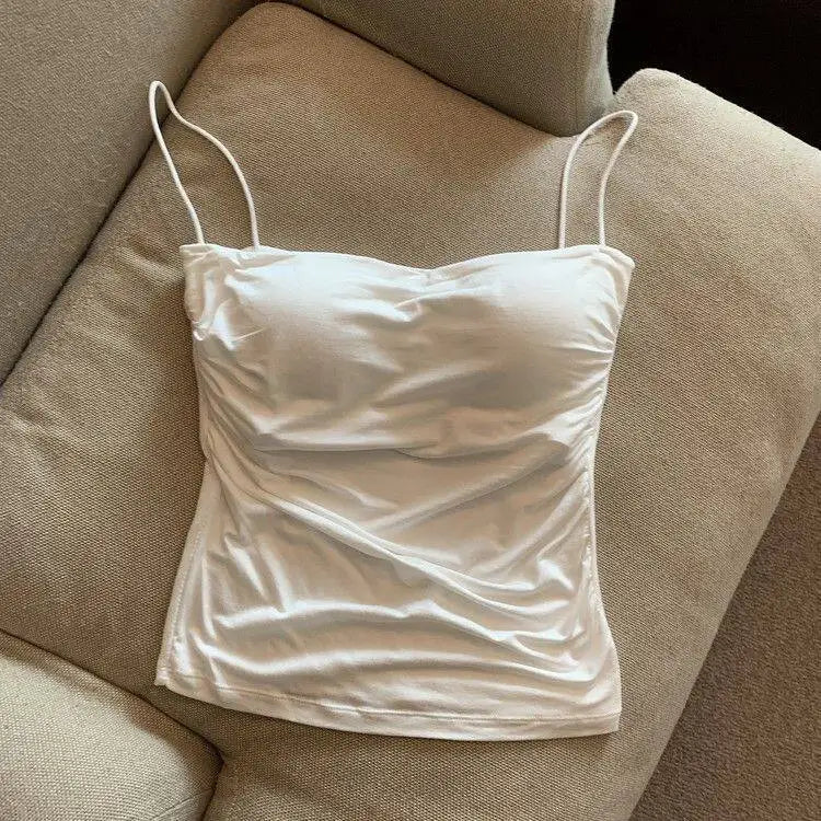 Débardeur plissé sans manches pour femme, coupe ajustée, style sexy, court, avec fines bretelles, couleur unie, simple et tendance