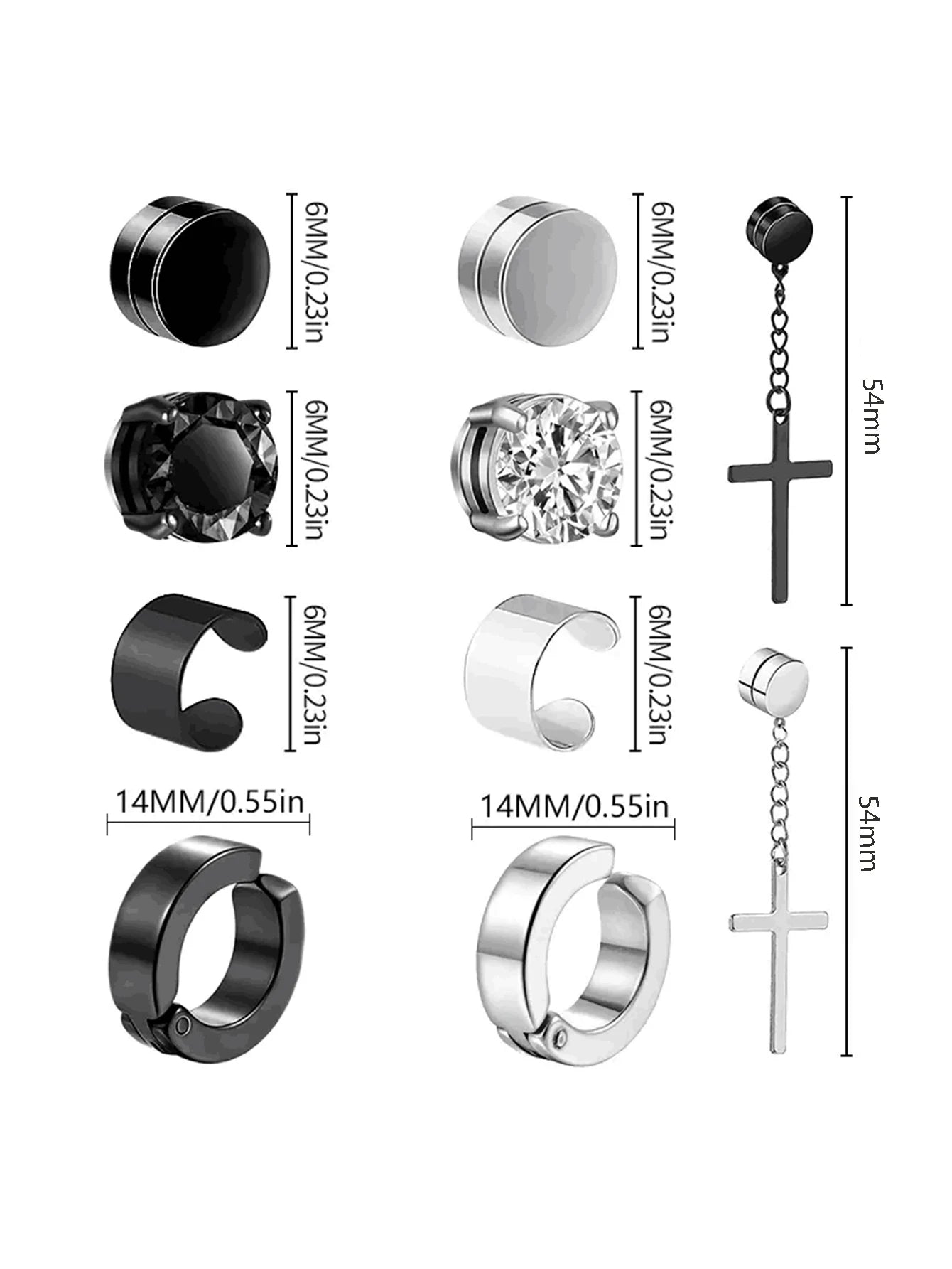 Ensemble de faux boucles d'oreilles en acier inoxydable pour hommes, 1 à 10 paires, à la mode, avec trou d'oreille, aimant gratuit, zircon