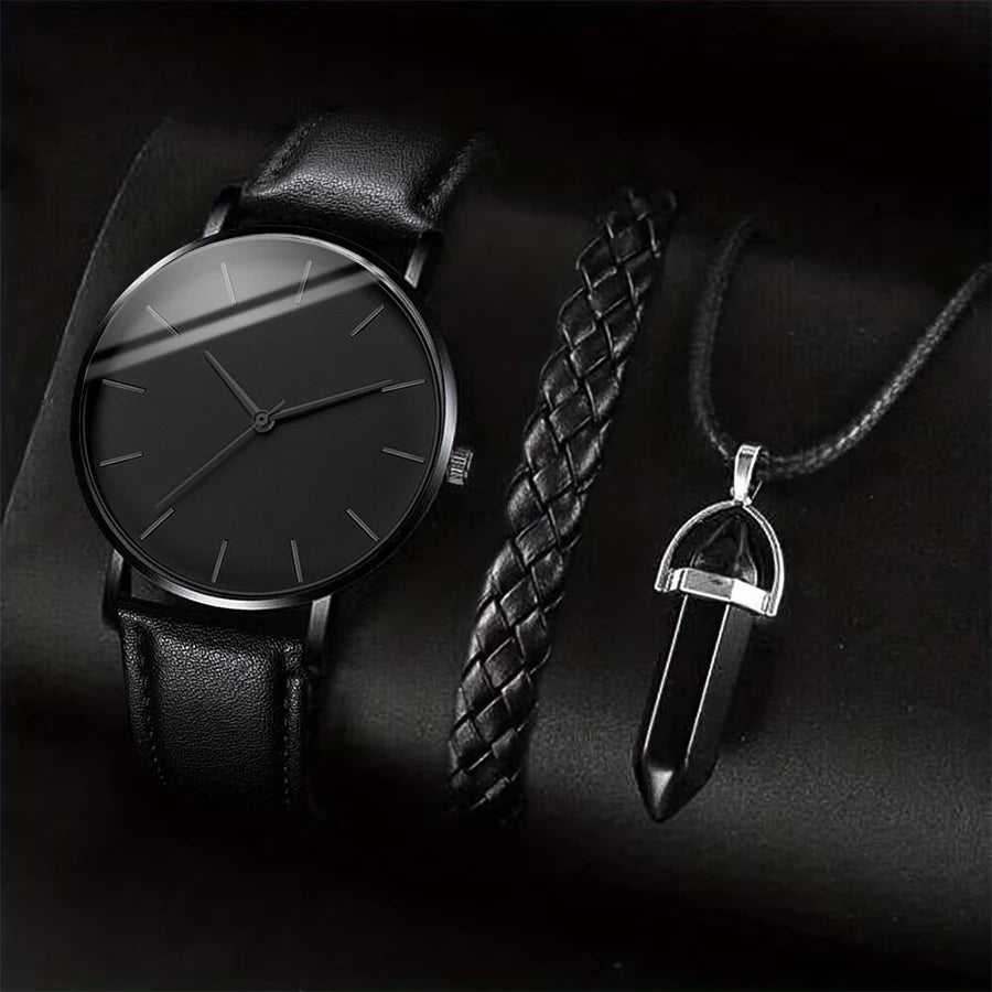 Juego de 3 unidades/set de relojes de negocios para hombre, pulsera de cuero informal, reloj de cuarzo analógico para hombre, collar y pulsera