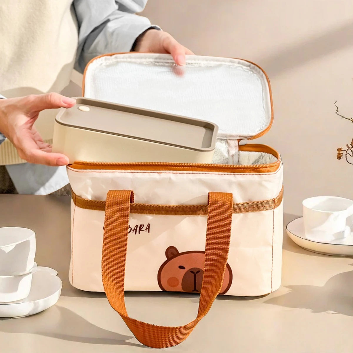 Fiambrera térmica de capibara bonito para estudiantes y niños, bolsa térmica portátil de gran capacidad a prueba de fugas para alimentos, nevera reutilizable para picnic