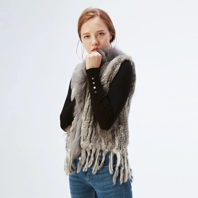 Gilet à glands en véritable fourrure de lapin tricoté — vintage, garniture fourrure raton laveur
