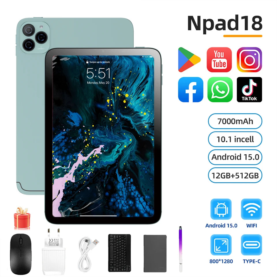 NPad 18 Pro 10.1 inch Tablet Pad 1280*800 HD 12GB 512GB Android 14.0 7000mAh Dual WiFi BT5.0 Dual SIM Dual Camera Tablets