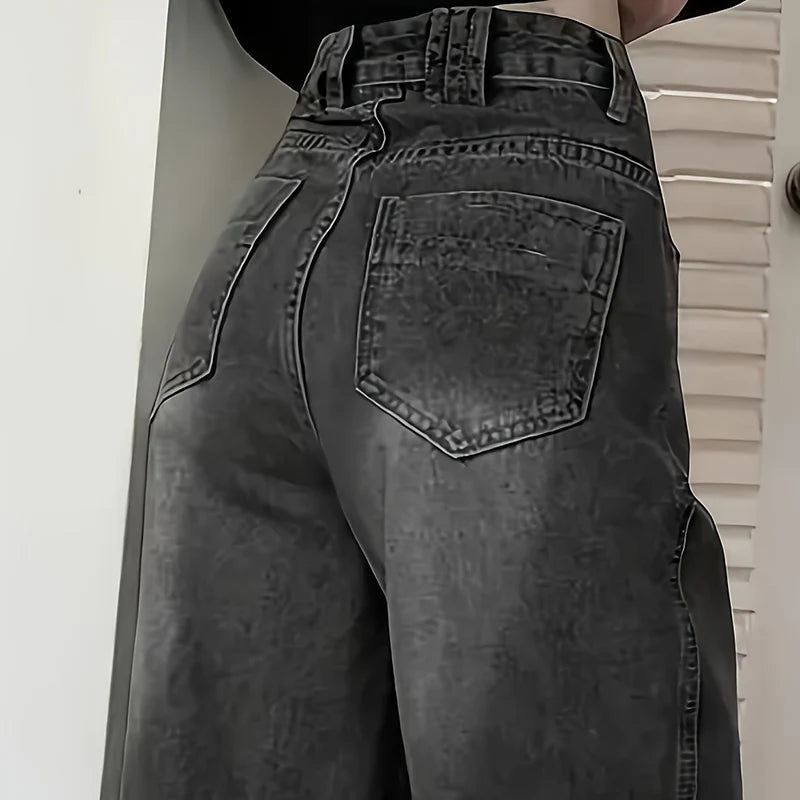 Pantalones vaqueros de mujer de talle alto, estilo urbano, de diseñador, de pierna ancha, gris clásico, gótico, de corte recto, moda