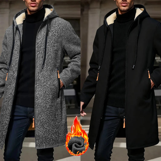 Men's Warm Winter Long Coat, Zipper Jacket, Thick Fleece Windbreaker, Casual Windproof Overcoat, Contrast Color Hooded Jacket