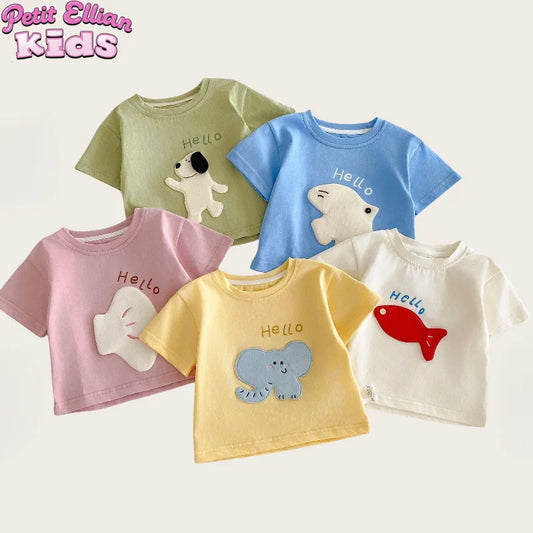 Nouvelle collection été 2026 : T-shirt décontracté à manches courtes pour enfants (0-5 ans) avec patchs de dessins animés mignons et imprimé lettres – Doux et confortable pour filles et garçons