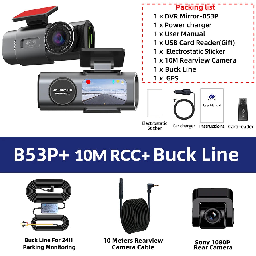 4K Dash Cam GPS WIFI APP 24H Night Vision Optional Rear Mini Lens Car Dashcam DVR Video Recorder Car Camera Black Box