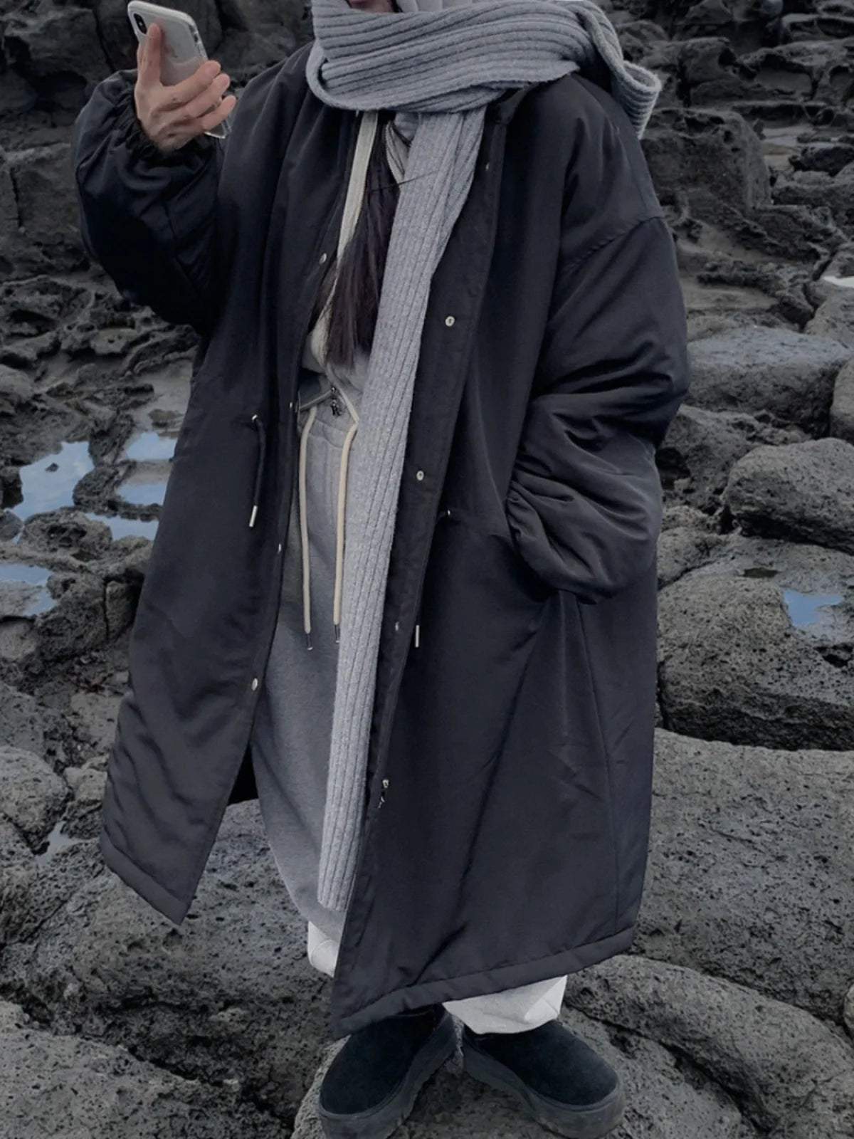 Manteau long chic en coton pour femme, chaud, style coréen, coupe ample, avec cordon de serrage, idéal pour le travail et les trajets quotidiens