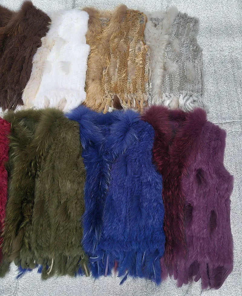 Chaleco de punto de piel de conejo natural auténtica con pompón, chaleco cálido sin mangas para mujer, con ribete de piel de mapache auténtica