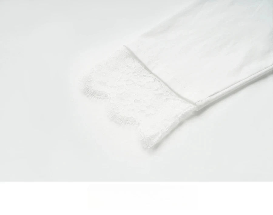 T-shirt femme en coton blanc automne 2026 — décontracté, ample, col rond, manches longues en dentelle