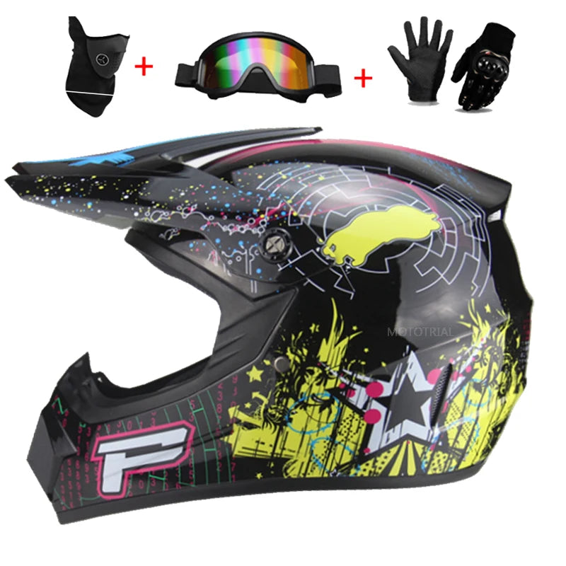Kids Full Face Motorcycle Helmet, Youth Motocross Helmets, Off-Road Goggles, Cycling Protective Gloves
