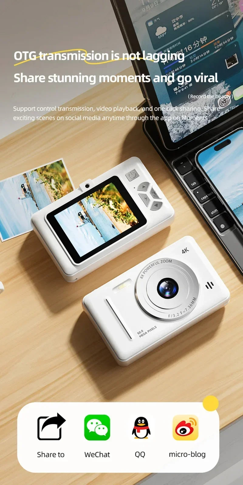 Appareil photo numérique rétro CCD portable — double caméra, flash, 50 MP, mise au point automatique